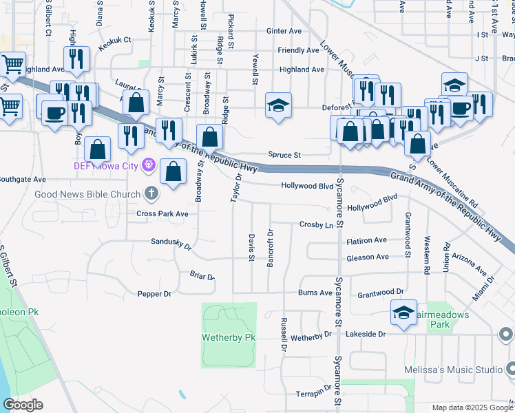 map of restaurants, bars, coffee shops, grocery stores, and more near 1312 Tracy Lane in Iowa City