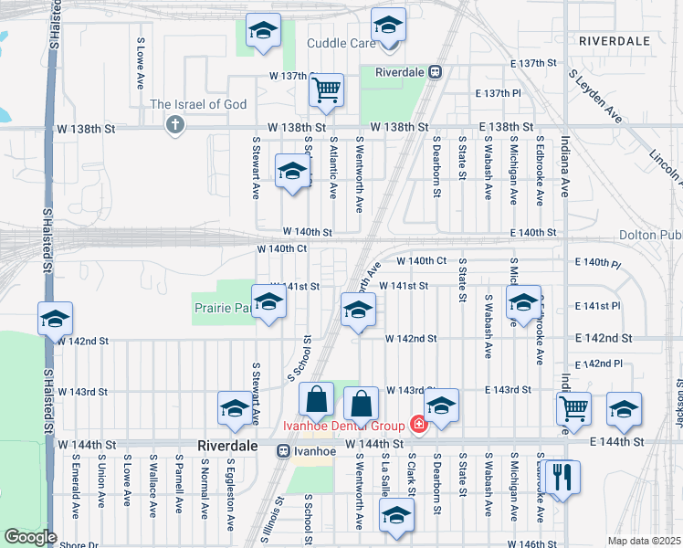 map of restaurants, bars, coffee shops, grocery stores, and more near 14039 South Atlantic Avenue in Riverdale