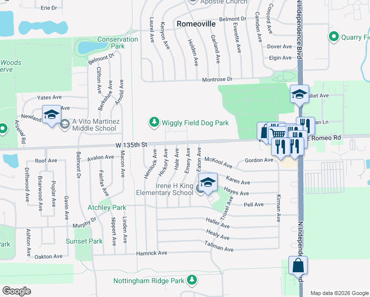 map of restaurants, bars, coffee shops, grocery stores, and more near 346 Emery Avenue in Romeoville