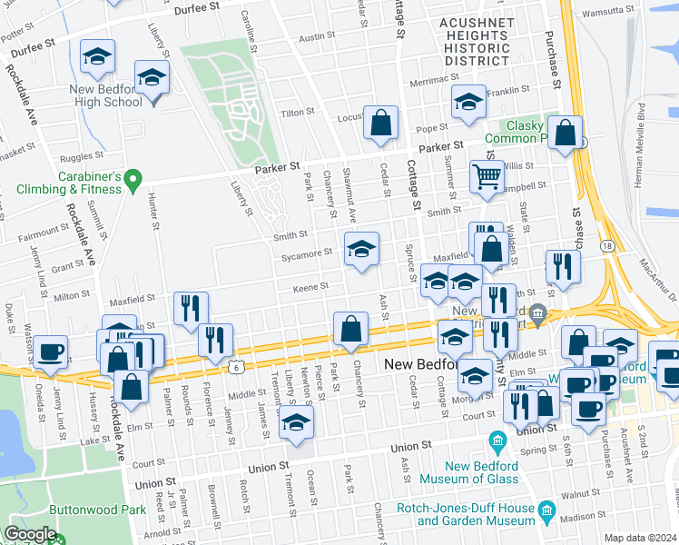 map of restaurants, bars, coffee shops, grocery stores, and more near 358 Maxfield Street in New Bedford