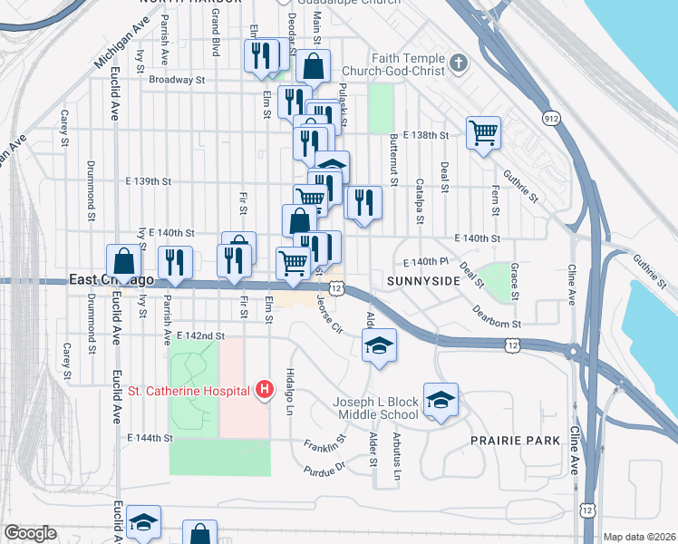 map of restaurants, bars, coffee shops, grocery stores, and more near 4030 Pulaski Street in East Chicago
