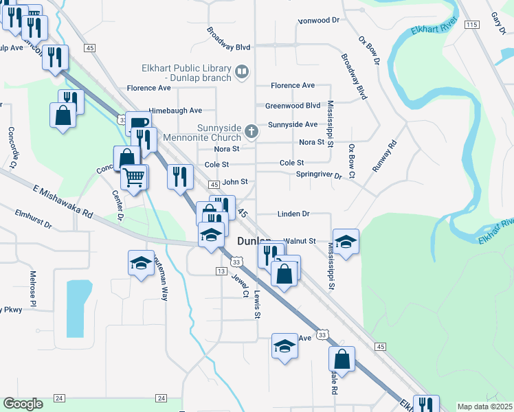 map of restaurants, bars, coffee shops, grocery stores, and more near 58876 County Road 13 in Elkhart