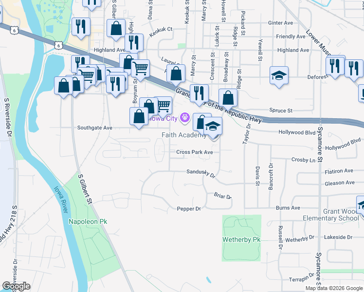 map of restaurants, bars, coffee shops, grocery stores, and more near 820 Cross Park Avenue in Iowa City