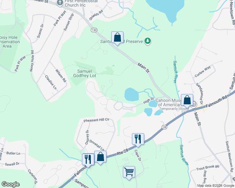 map of restaurants, bars, coffee shops, grocery stores, and more near 44 Main Street in Mashpee