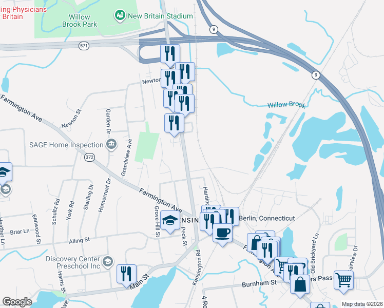 map of restaurants, bars, coffee shops, grocery stores, and more near 319 Connecticut 71 in Berlin
