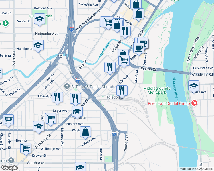 map of restaurants, bars, coffee shops, grocery stores, and more near 430 Broadway Street in Toledo