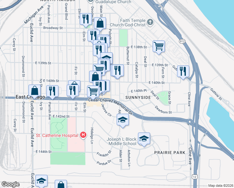 map of restaurants, bars, coffee shops, grocery stores, and more near 4005 Alder Street in East Chicago