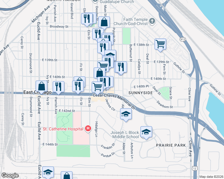 map of restaurants, bars, coffee shops, grocery stores, and more near 4016 Pulaski Street in East Chicago