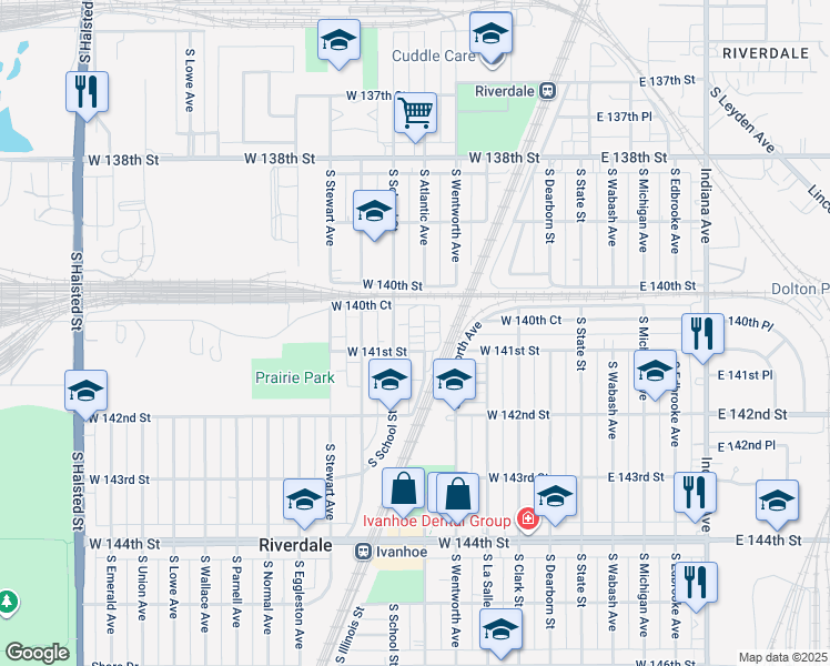 map of restaurants, bars, coffee shops, grocery stores, and more near 14022 South Highlawn Avenue in Riverdale