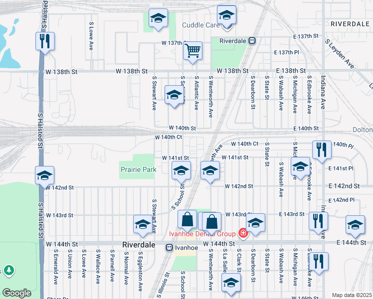 map of restaurants, bars, coffee shops, grocery stores, and more near 14022 South Highlawn Avenue in Riverdale