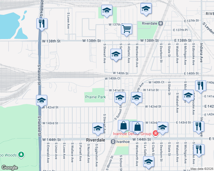 map of restaurants, bars, coffee shops, grocery stores, and more near 14019 South Stewart Avenue in Riverdale