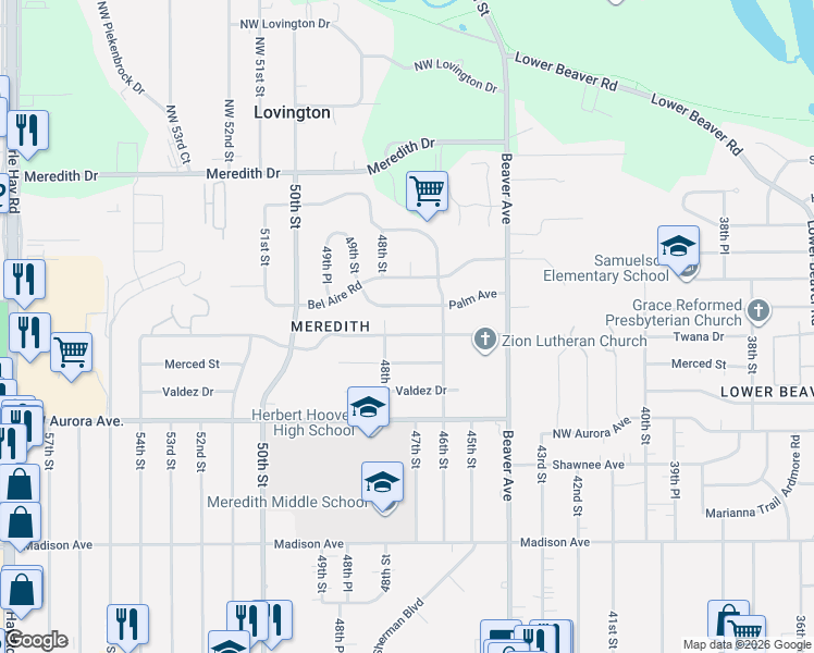 map of restaurants, bars, coffee shops, grocery stores, and more near 4712 Palm Avenue in Des Moines
