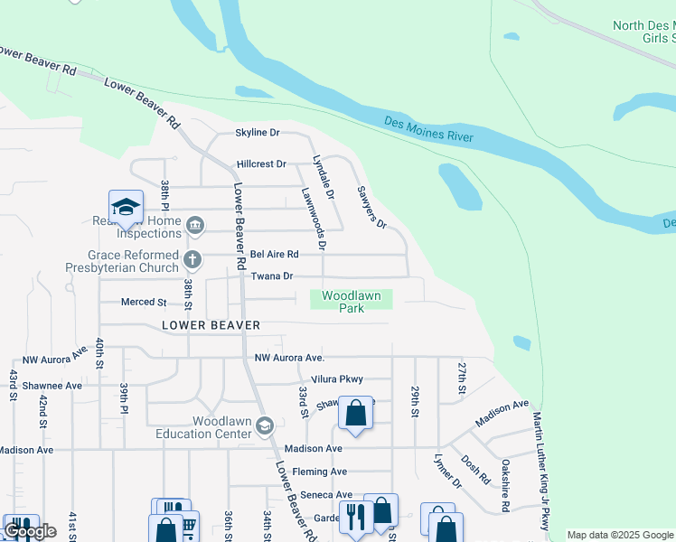 map of restaurants, bars, coffee shops, grocery stores, and more near 3120 Bel Aire Road in Des Moines