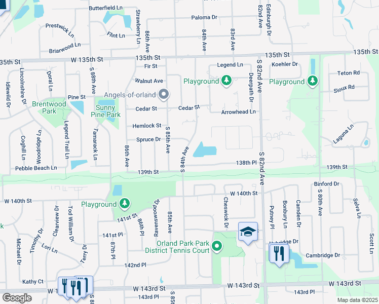 map of restaurants, bars, coffee shops, grocery stores, and more near 13813 South 84th Avenue in Orland Park