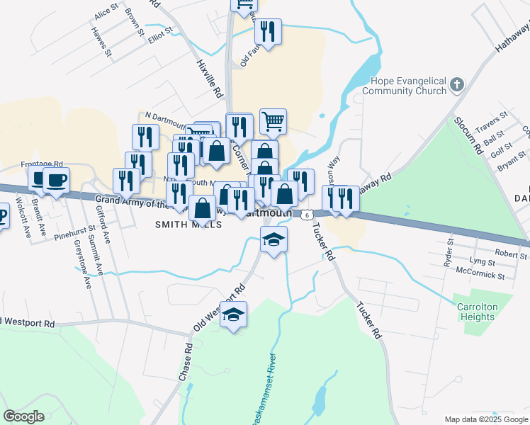 map of restaurants, bars, coffee shops, grocery stores, and more near in Dartmouth