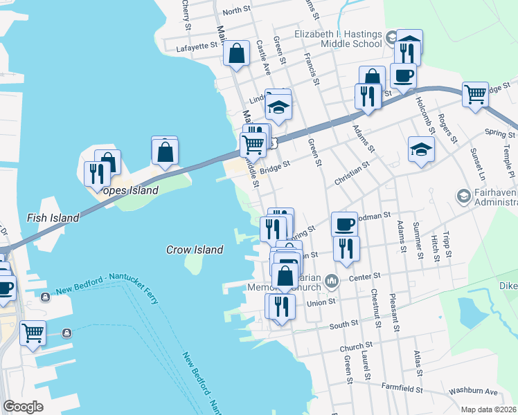 map of restaurants, bars, coffee shops, grocery stores, and more near 82 Middle Street in Fairhaven