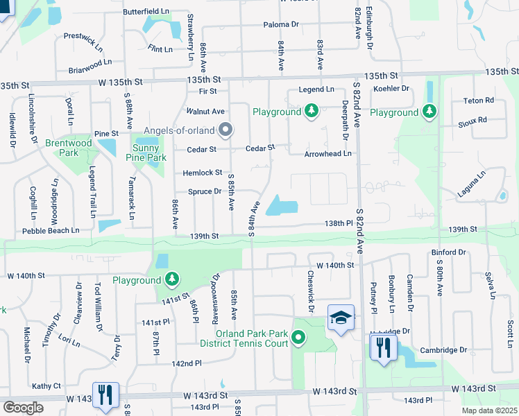 map of restaurants, bars, coffee shops, grocery stores, and more near 13813 South 84th Avenue in Orland Park