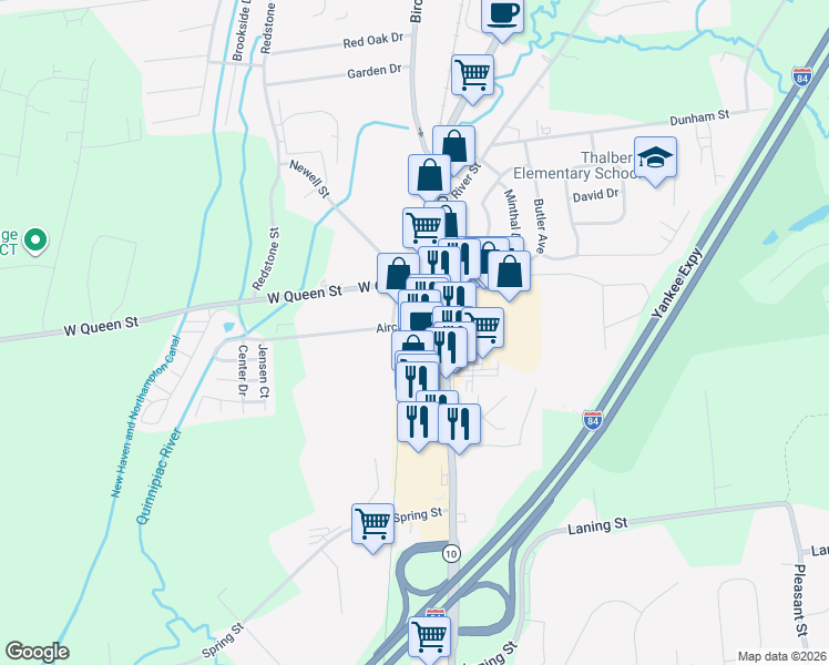 map of restaurants, bars, coffee shops, grocery stores, and more near 856 Queen Street in Southington