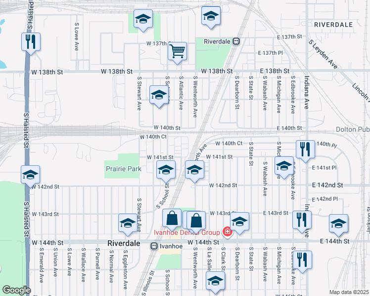 map of restaurants, bars, coffee shops, grocery stores, and more near 14033 South Atlantic Avenue in Riverdale