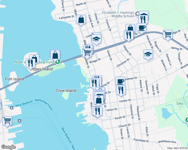 map of restaurants, bars, coffee shops, grocery stores, and more near 82 Middle Street in Fairhaven