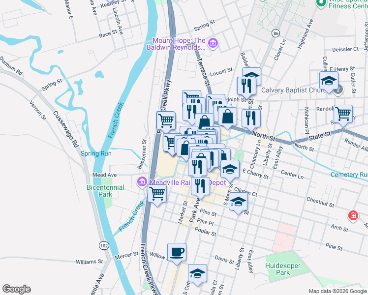 map of restaurants, bars, coffee shops, grocery stores, and more near 40842 West Center Street in Meadville