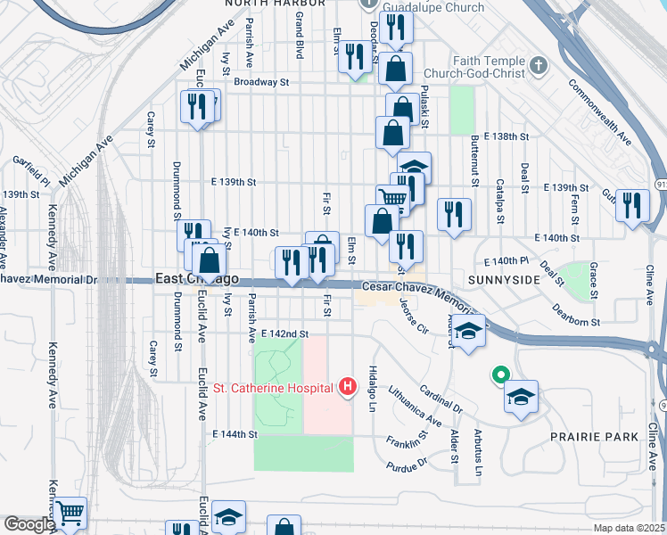 map of restaurants, bars, coffee shops, grocery stores, and more near 4015 Fir St in East Chicago