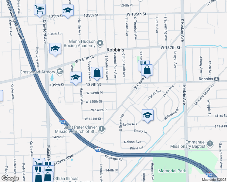 map of restaurants, bars, coffee shops, grocery stores, and more near 3615 139th Street in Robbins