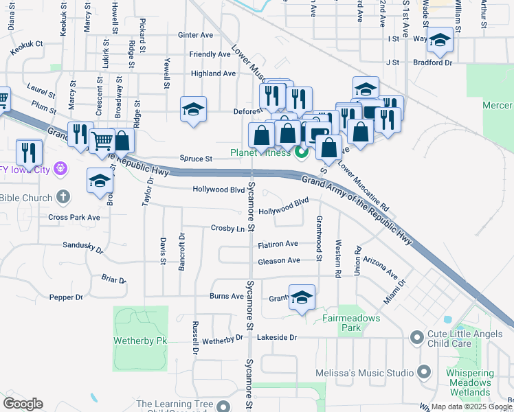 map of restaurants, bars, coffee shops, grocery stores, and more near 1647 Hollywood Boulevard in Iowa City
