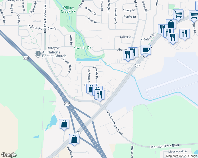 map of restaurants, bars, coffee shops, grocery stores, and more near 203 Westside Drive in Iowa City