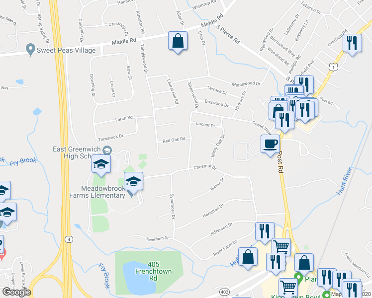 map of restaurants, bars, coffee shops, grocery stores, and more near 295 Grand View Road in East Greenwich