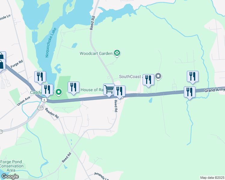 map of restaurants, bars, coffee shops, grocery stores, and more near 528 Reed Road in Dartmouth