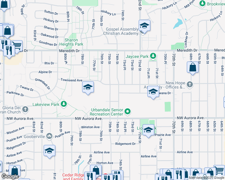 map of restaurants, bars, coffee shops, grocery stores, and more near 4324 75th Street in Urbandale