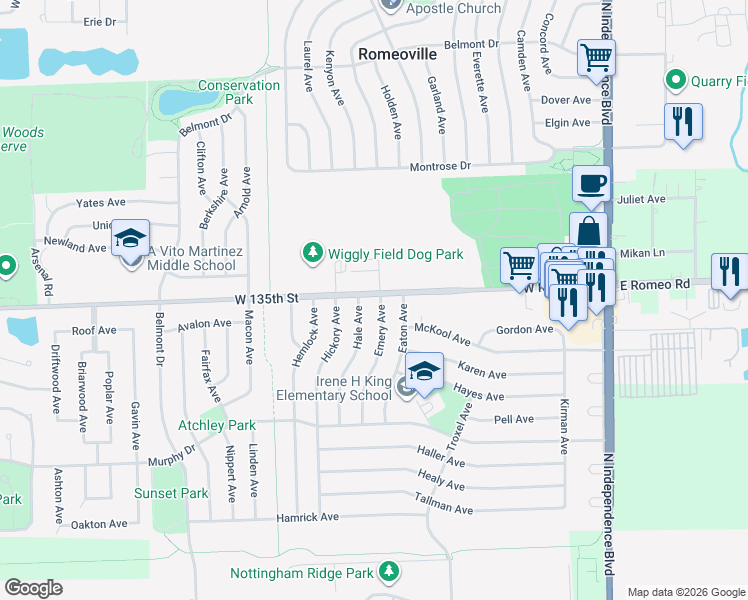 map of restaurants, bars, coffee shops, grocery stores, and more near 346 Emery Avenue in Romeoville