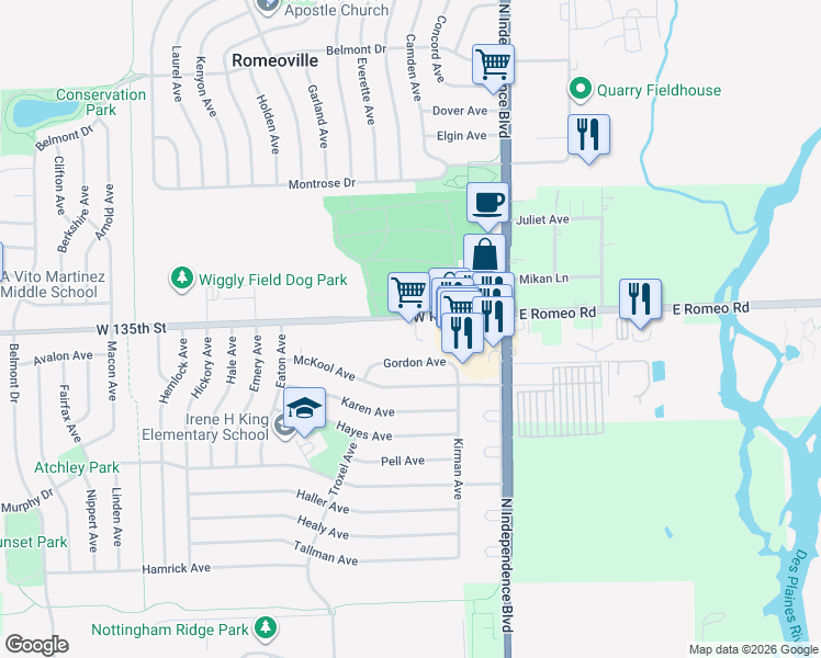 map of restaurants, bars, coffee shops, grocery stores, and more near 211 West Romeo Road in Romeoville