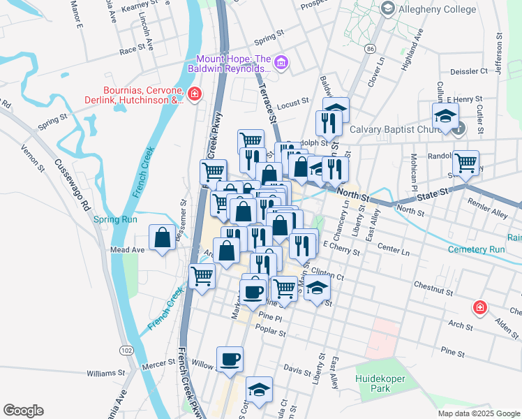 map of restaurants, bars, coffee shops, grocery stores, and more near 40842 West Center Street in Meadville