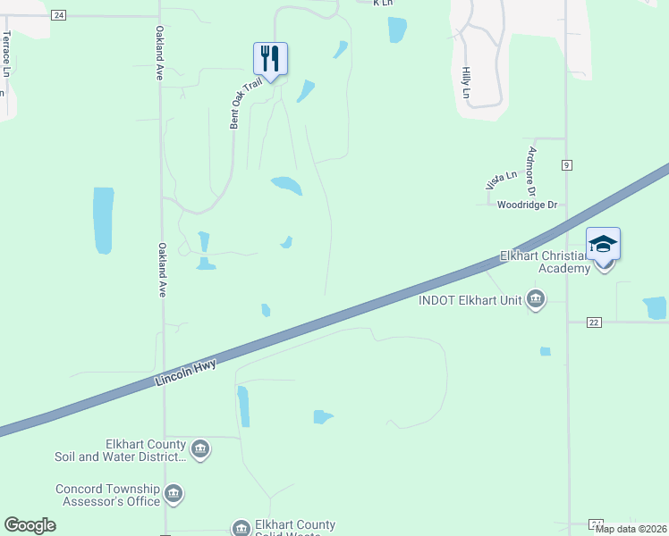 map of restaurants, bars, coffee shops, grocery stores, and more near 3922 Augusta Lane in Elkhart