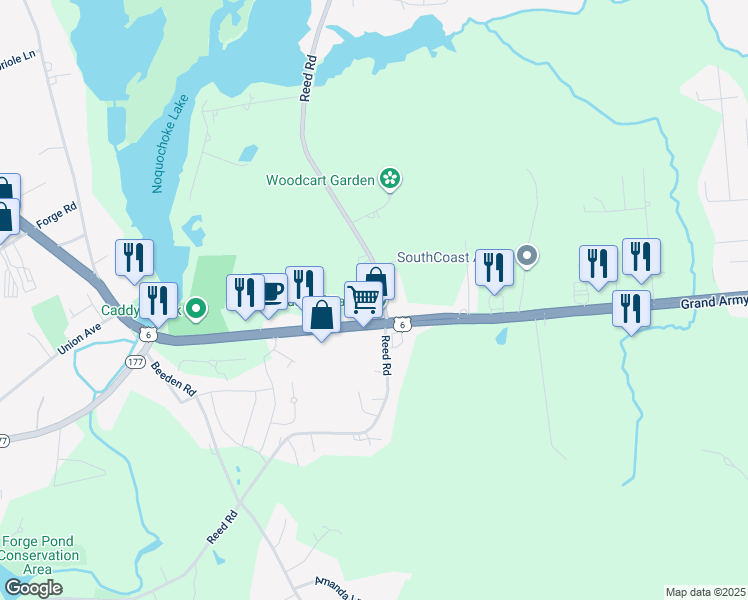 map of restaurants, bars, coffee shops, grocery stores, and more near 528 Reed Road in Dartmouth