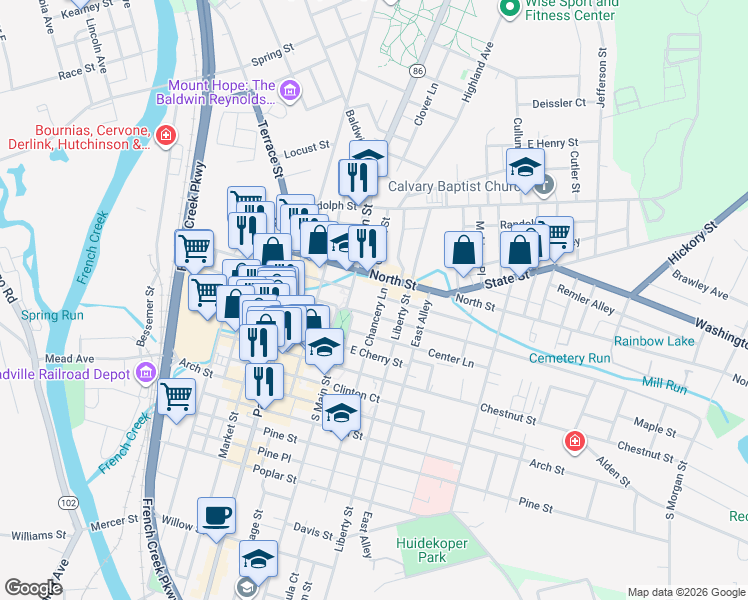 map of restaurants, bars, coffee shops, grocery stores, and more near 392 North Street in Meadville
