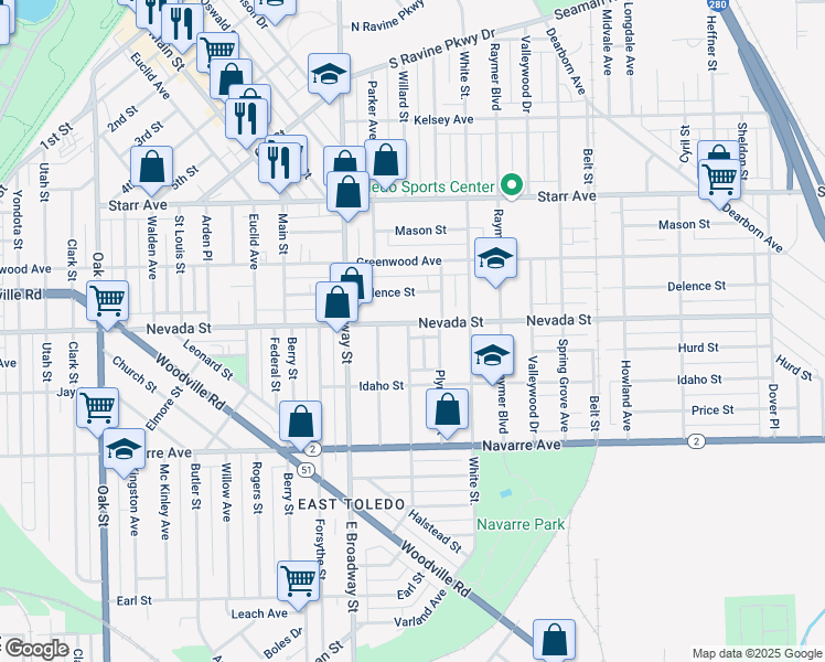 map of restaurants, bars, coffee shops, grocery stores, and more near 1227 Nevada Street in Toledo