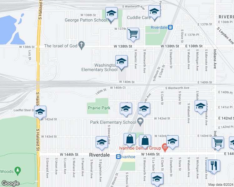 map of restaurants, bars, coffee shops, grocery stores, and more near 14017 South Tracy Avenue in Riverdale