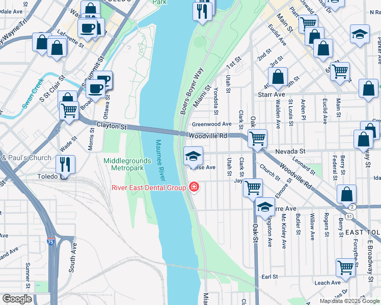 map of restaurants, bars, coffee shops, grocery stores, and more near 19 Nevada Street in Toledo