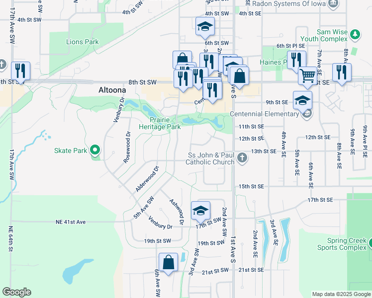 map of restaurants, bars, coffee shops, grocery stores, and more near 1246 Bentwood Court in Altoona