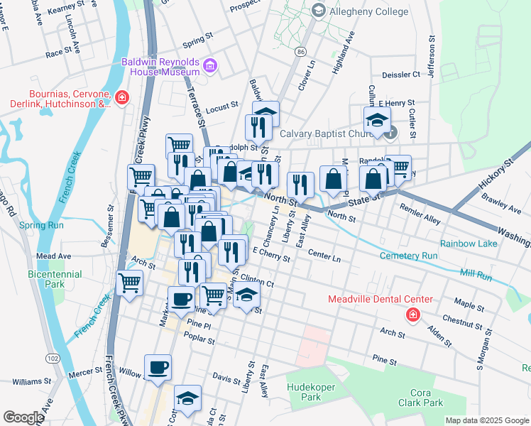 map of restaurants, bars, coffee shops, grocery stores, and more near 392 North Street in Meadville
