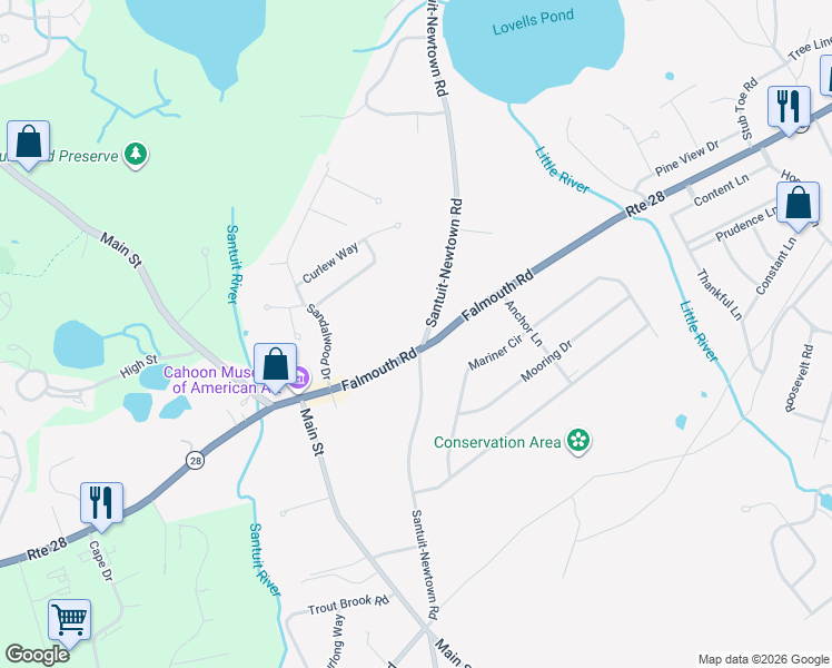 map of restaurants, bars, coffee shops, grocery stores, and more near 1627 Santuit-Newtown Road in Barnstable