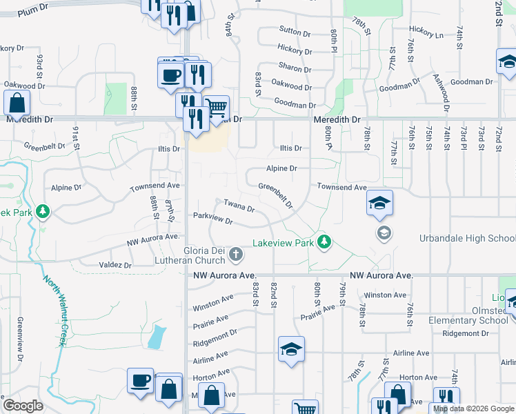 map of restaurants, bars, coffee shops, grocery stores, and more near 8211 Twana Drive in Urbandale