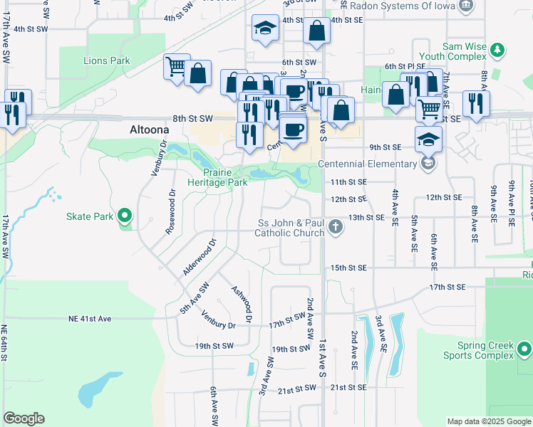 map of restaurants, bars, coffee shops, grocery stores, and more near 1246 Bentwood Court in Altoona