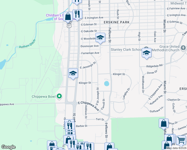 map of restaurants, bars, coffee shops, grocery stores, and more near 3322-3326 Whitcomb Avenue in South Bend