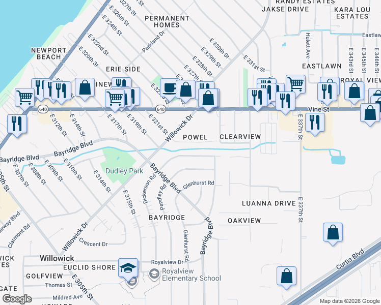 map of restaurants, bars, coffee shops, grocery stores, and more near 32105 Dickerson Road in Willowick