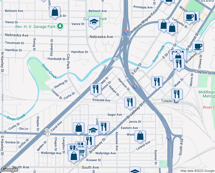 map of restaurants, bars, coffee shops, grocery stores, and more near 629 Hobart Street in Toledo