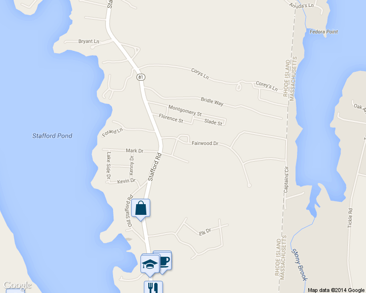 map of restaurants, bars, coffee shops, grocery stores, and more near 83 Fairwood Drive in Tiverton